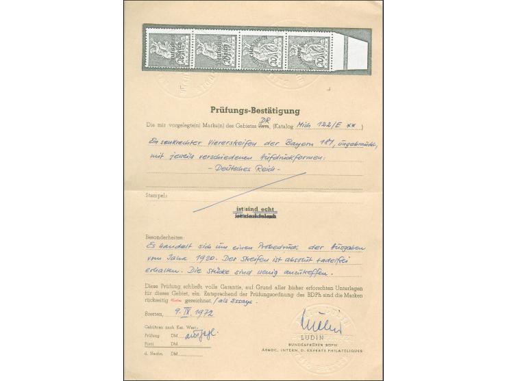 1920, Aufdruck-Essay Bayern-Abschied 20 Pfg. “Deutsches Reich” im senkrechten Unterrandviererstreifen mir vier verschiedenen 