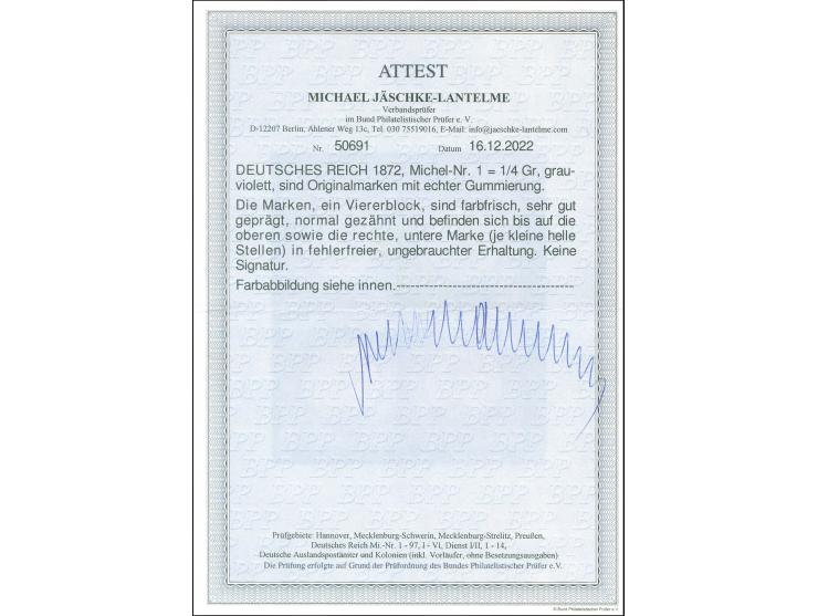 1872, Kleiner Schild ¼ Gr. grauviolett, Viererblock, farbfrisch und sehr gut geprägt, normale Zähnung, ungebraucht, die obere