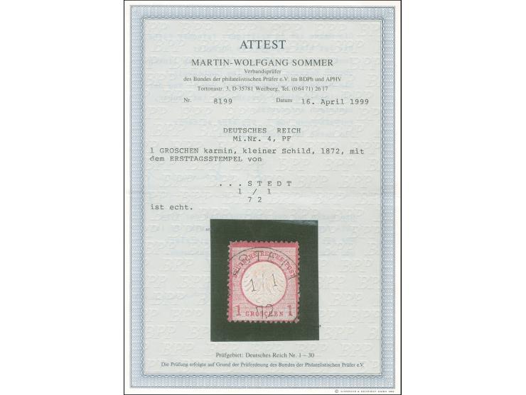 1872, Kleiner Schild 1 Gr. karmin, farbfrisch und gut gezähnt, sauber mit Ersttagsstempel “…LSTEDT 1/1 72”, tadellos, Fotoatt