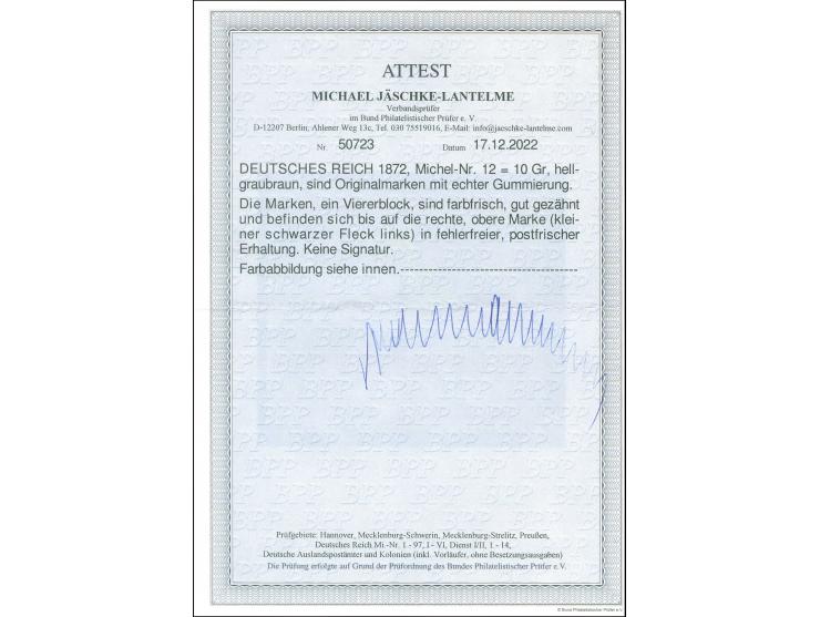1872, Innendienst 10 Gr. grau, Viererblock, farbfrisch und gut gezähnt, postfrisch, bis auf einen kleinen schwarzen Fleck lin