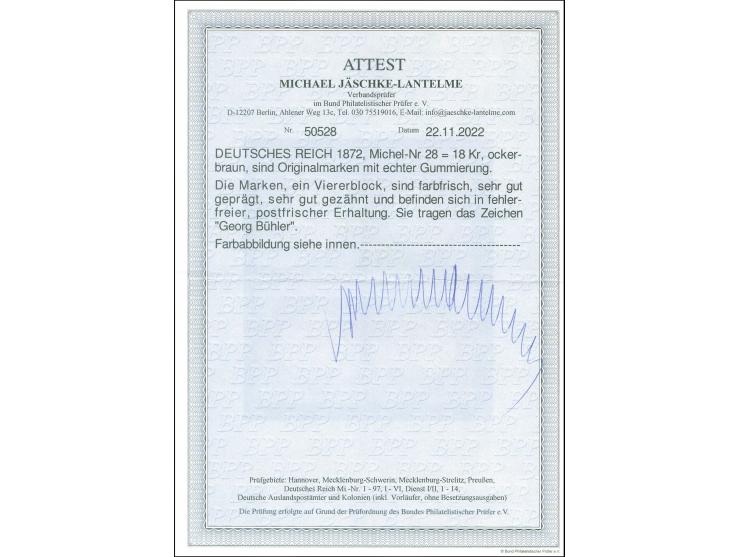 1872, Großer Schild 18 Kr. ockerbraun, Viererblock, farbfrisch, sehr gut gezähnt und geprägt, postfrisch, tadellos, sign. Geo