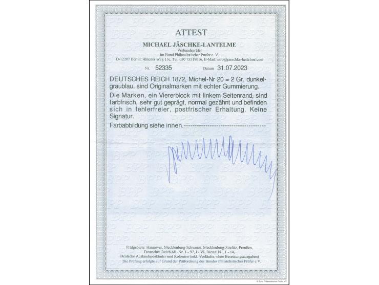 1872, Großer Schild 2 Gr. dunkelgraublau, linker Bogenrand-Viererblock, farbfrisch und normal gezähnt, sehr gut geprägt, post