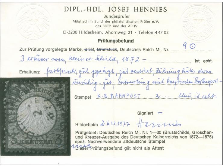 1872, Kleiner Schild 3 Kr. karmin, farbfrisch, gut gezähnt und geprägt, sauber entwertet mit blauem Bayern-Einkreis-Bahnposts
