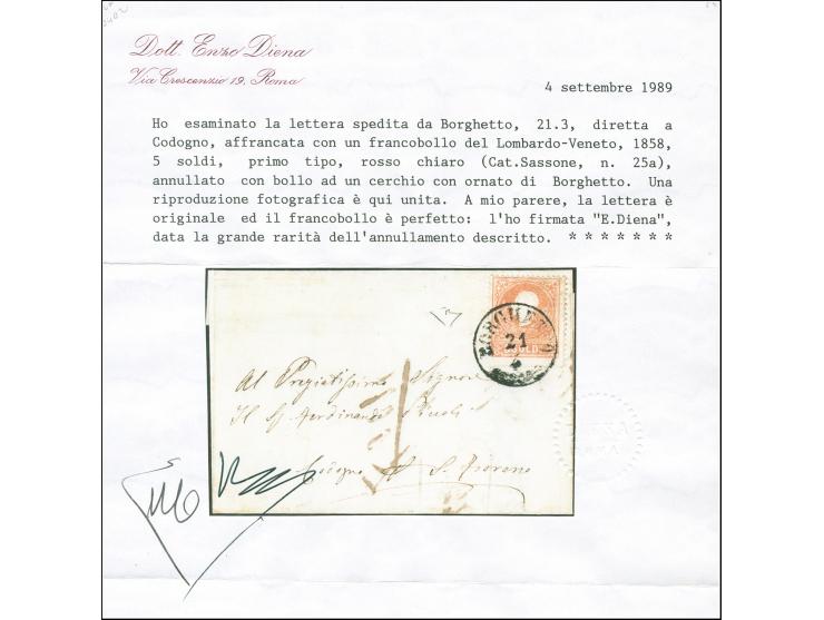 "BORGHETTO 21 4", EKr., sauber und gerade auf 1858, 5 Soldi, Type I, auf kleiner Briefhülle nach Codogno, mit Ankunftsstempel