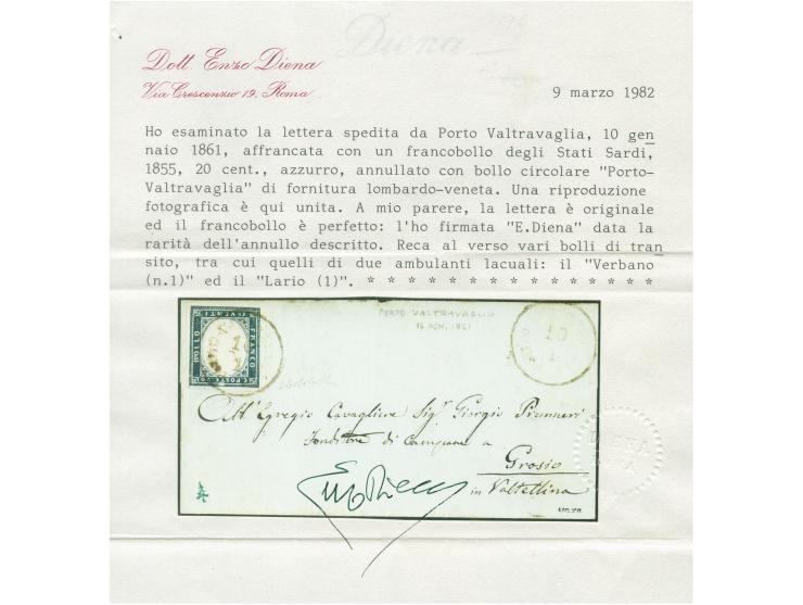 "PORTO VALTRAVAGLIA 10/1", EKr., auf- und nebengesetzt auf kleiner Briefhülle nach Grossio; rückseitig 6 Transit-und Ankunfts
