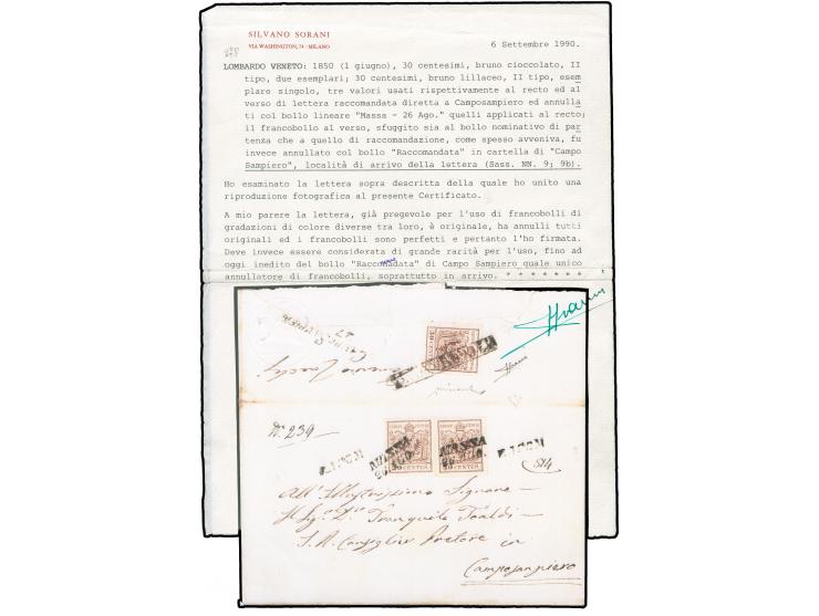 CAMPOSAMPIERO: "RACCOMANDATA" , Ra1, auf Handpapier 30 Centesimi, rückseitig auf eingeschriebener Briefhülle mit vorderseitig