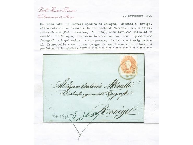 "COLOGNA 19/12" EKr. in schwärzlichblau, sauber auf 1861, 5 Soldi auf Briefhülle nach Rovigo. Schöne und einwandfreie Erhaltu