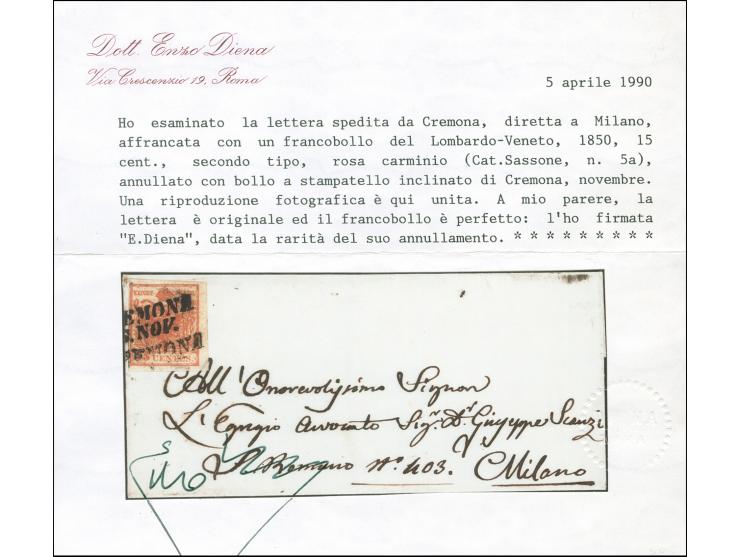 "CREMONA .. NOV.", L2 sowie L1 ohne Datum auf Handpapier 15 Centesimi, voll- bis breitrandig, auf kleiner Briefhülle nach Mai