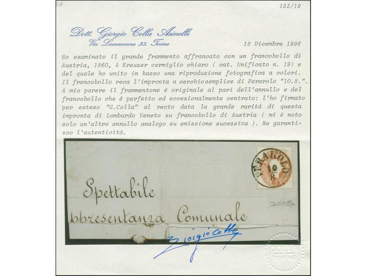 "PERAROLO 10/8", EKr., glasklar und gerade auf Österreich 1860, 5 Kreuzer, auf großem Briefteil. Ein außerordentlich seltenes
