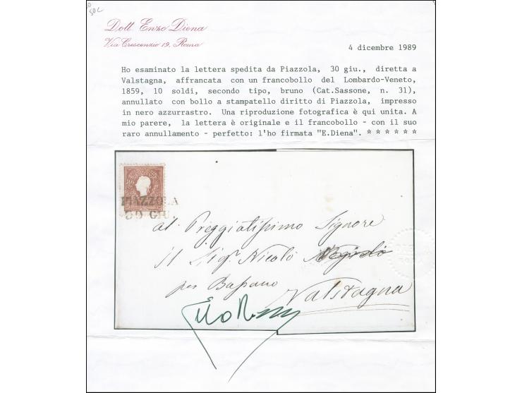 "PIAZZOLA 30 GIU", L2 in blauschwarz auf 1858, 10 Soldi, Type II, auf Briefhülle nach Valstagna. Name in der Adresse abgeände