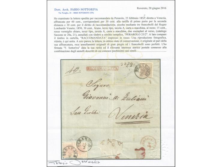 "PERAROLO 25/2", EKr. auf Maschinenpapier 30 Centesimi und 2 Einzelwerte 15 Centesimi (rückseitig geklebt), auf Briefhülle mi