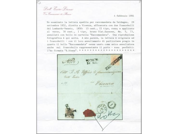 "VALDAGNO 29 SET.", L2 nebengesetzt auf Briefhülle, vorder- und rückseitig frankiert mit Handpapier 15 Centesimi und 30 Cente