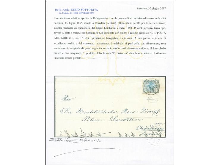 "I.R.POSTA MILIT. in I. No.1 15/7", EKr. sauber auf Handpapier 45 Centesimi, voll- bis breitrandig, auf komplettem Faltbrief 