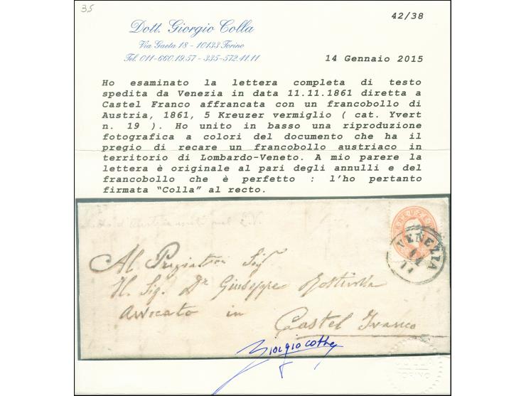 "VENEZIA 11/11", EKr., sauber auf Österreich 1860, 5 Kreuzer auf kleinem Faltbrief nach Castel Franco. Die Adresse nachgezoge