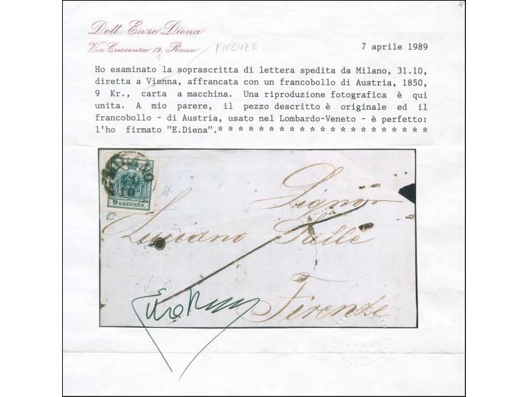 "MILANO 31/10", EKr., sauber auf Österreich Maschinenpapier 9 Kreuzer, sehr breitrandig, auf Briefvorderseite (rechts oben hi