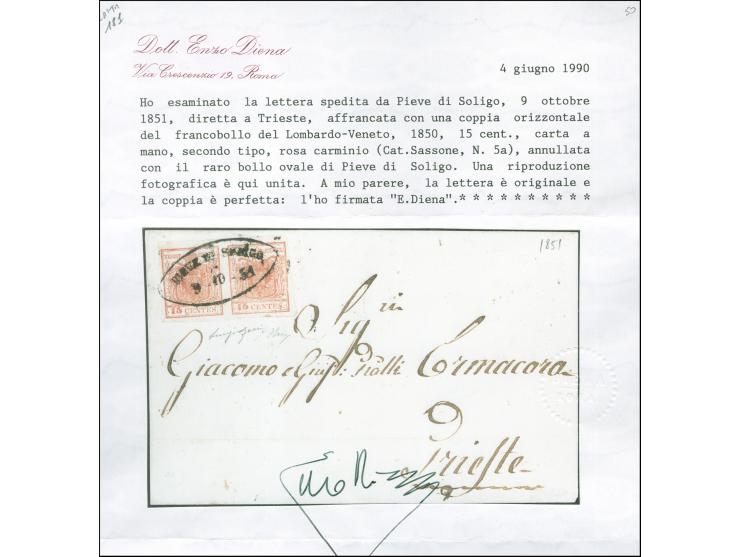"PIEVE DI SOLIGO 9-10-51", Ovalstempel auf Handpapier 15 Centesimi, waagerechtes Paar, voll- bis breitrandig, auf Briefhülle 