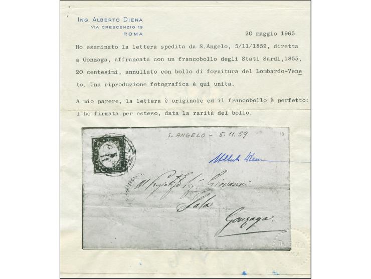 "S.ANGELO 5/11", Dreikreisstempel, auf Sardinien 20 Centesimi, voll- bis breitrandig, auf kleinem Faltbrief nach Gonzaga. Seh