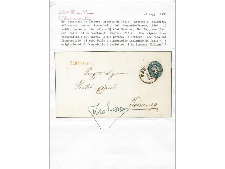 "TEOLO", L1 ohne Datum, sauber nebengesetztem auf komplettem Faltbrief mit 1864, 10 Soldi, mit EKr. "PADOVA 21/12" nach Tolme