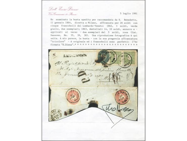"S.BENEDETTO 11/1", EKr. auf 2 Einzelwerten 1858, &nbsp;3 Soldi grün, in Mischfrankatur mit 1863,10 Soldi und (rückseitig gek