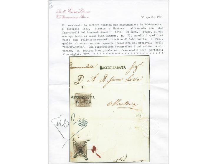"SABBIONETTA 8 FEB.", L2 sauber auf Handpapier 30 Centesimi auf eingeschriebener Briefhülle nach Mantua, rückseitig frankiert