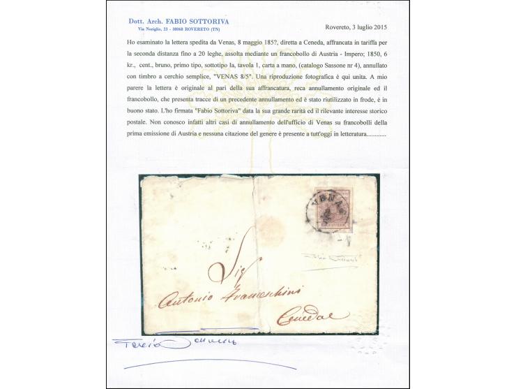 "VENAS 8/5", EKr. auf Österreich, Handpapier 6 Kreuzer, Type Ia, allseits breitrandig, auf Briefhülle nach Ceneda. Die Marke 
