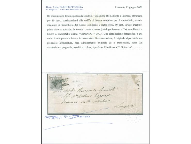 "SONDRIO 7 DIC.", L2, auf Erstdruck 10 Centesimi silbergrau, farbfrisch und voll- bis breitrandig, auf Briefhülle nach Lanzad