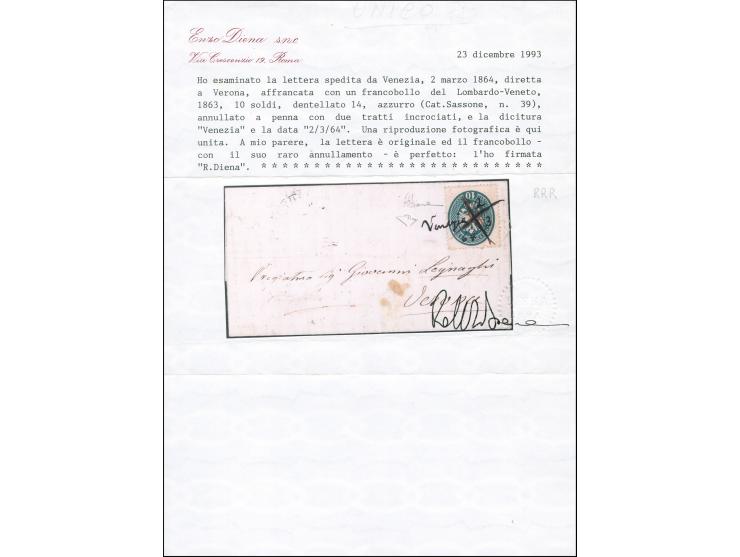 "Venezia 2/3/64", handschriftlicher Entwertung mit Federkreuz, auf 1863,10 Soldi, auf kleinem Faltbrief nach Verona, mit rück