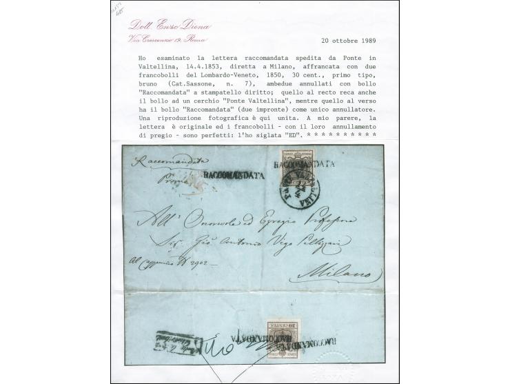 "PONTE VALTELLINA 14/4", EKr. mit zusätzlichem "RACCOMANDATA" auf Handpapier 30 Centesimi, auf eingeschriebenem Faltbrief nac