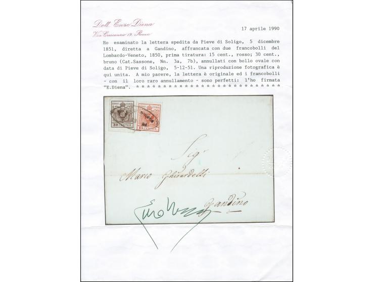 "PIEVE DI SOLIGO 5.12.51", Spitzovalstempel, auf Erstdruck 15 Centesimi und 30 Centesimi, beide breitrandig, auf Briefhülle n