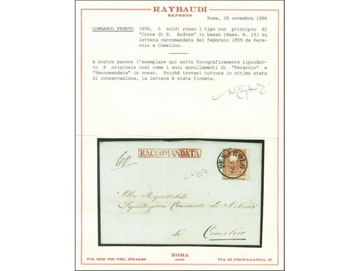 "PERAROLO 9/2", EKr., glasklar und gerade auf 1858, 5 Soldi, Type I, unten mit Andreaskreuz-Ansatz, mit nebengesetztem roten 