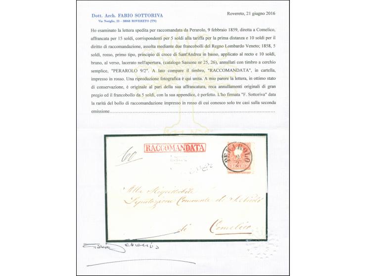 "PERAROLO 9/2", EKr., glasklar und gerade auf 1858, 5 Soldi, Type I, unten mit Andreaskreuz-Ansatz, mit nebengesetztem roten 
