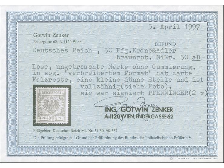 50 Pfg. feuerrot im verbreiterten Format, farbfrisch und gut gezähnt, ungebraucht ohne Gummi, kleine helle Stelle. Signiert P