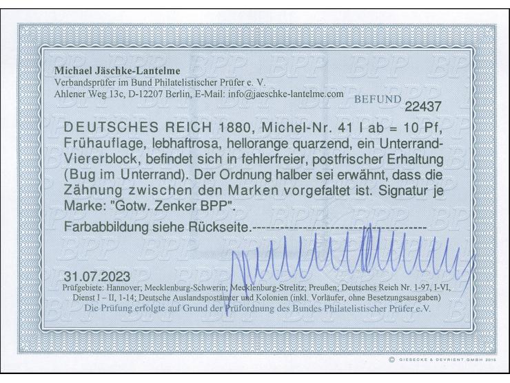 10 Pfg. lebhaftrosa im Unterrand-4er-Block, postfrisch, leicht vorgefaltet und im Unterrand leichter waagerechter Bug. Signie