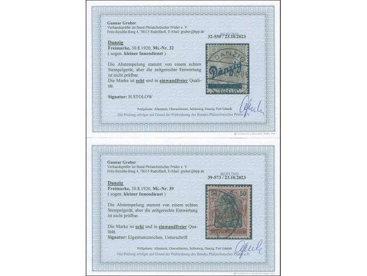 1920, Kleiner Innendienst 2-80 Pfg. sauber gestempelt, 2½ &nbsp;und 7½ Pfg. Stempel falsch, die übrigen signiert bzw. Befund 