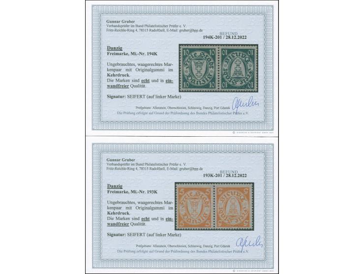 1924/38, Staatswappen 5 Pfg. orange und 10 Pfg. grün, je im waagerechten Kehrdruckpaar, sauber ungebraucht. Signiert Seifert 