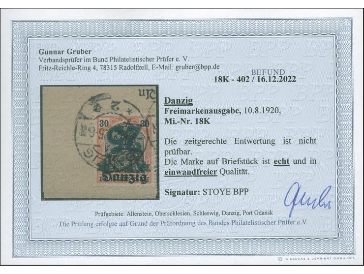 1920, Germania 25 auf 30 Pfg. mit kopfstehendem Aufdruck, sauber gestempelte auf Briefstück. Signiert Stoye BPP und Fotobefun