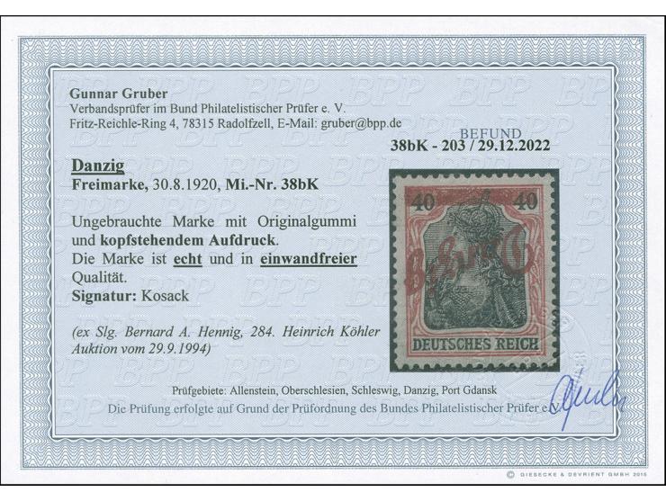 Kleiner Innendienst 40 Pfg. mit kopfstehendem Aufdruck, ungebraucht einwandfrei. Signiert Kosack und Fotobefund Gruber BPP (2