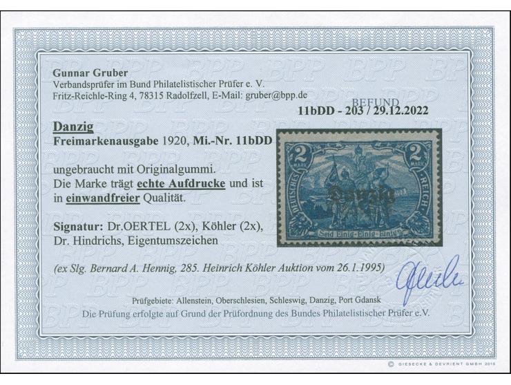 1920, 2 Mark dunkelkobaltblau mit doppeltem Aufdruck, dabei einer schwächer und ca. 5 mm nach unten verschoben, ungebraucht, 