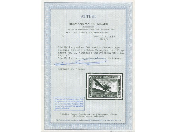 1924, Junkers-Luftverkehr 2 M., ungebraucht, Fotoattest Sieger BPP (1985)&nbsp;