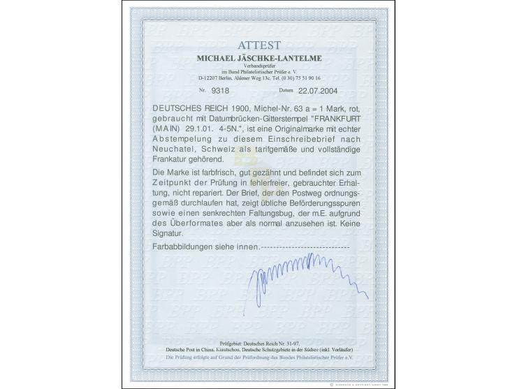 Reichspost 1 M. als portogerechte Einzelfrankatur auf Auslands-R-der 4.Gewichtsstufe von "FRANKFURT (MAIN) 29.1.01" nach Neuc