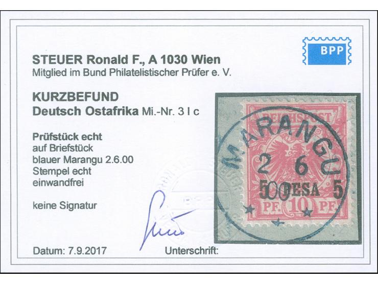 "MARANGU 2 6 00" in blau, glasklar und gerade auf 5 P. auf 10 Pfg. auf Briefstück, Kurzbefund R. F. Steuer BPP