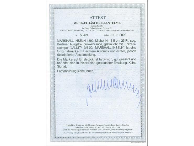 25 Pfg. dunkelorange mit nachdatierten Stempel von Jaluit auf Briefstück (nur so bekannt). Fotoattest Jäschke-L. BPP (2022)