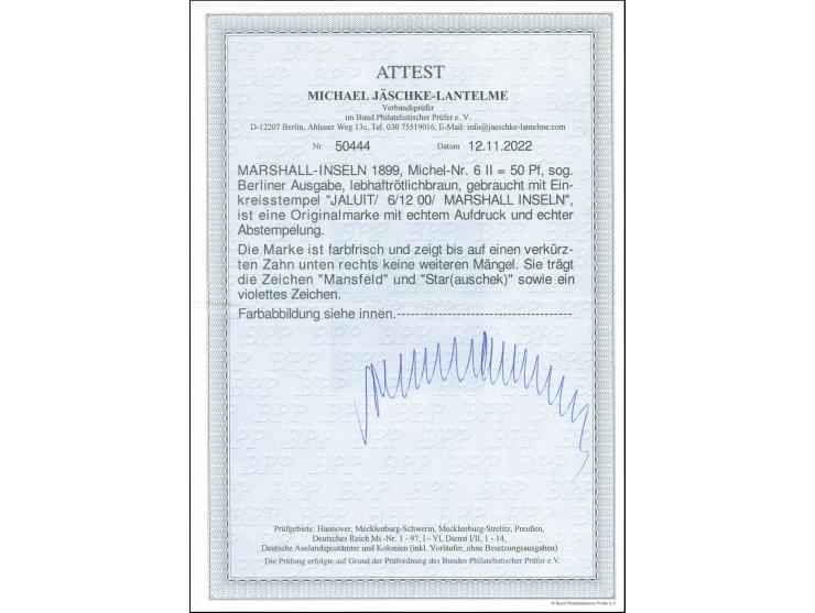 50 Pfg. mit 2. Stempel "JALUIT 6/12 00". Ein verkürzter Zahn, sonst einwandfrei. Signiert Mansfeld und Starauschek, Fotoattes