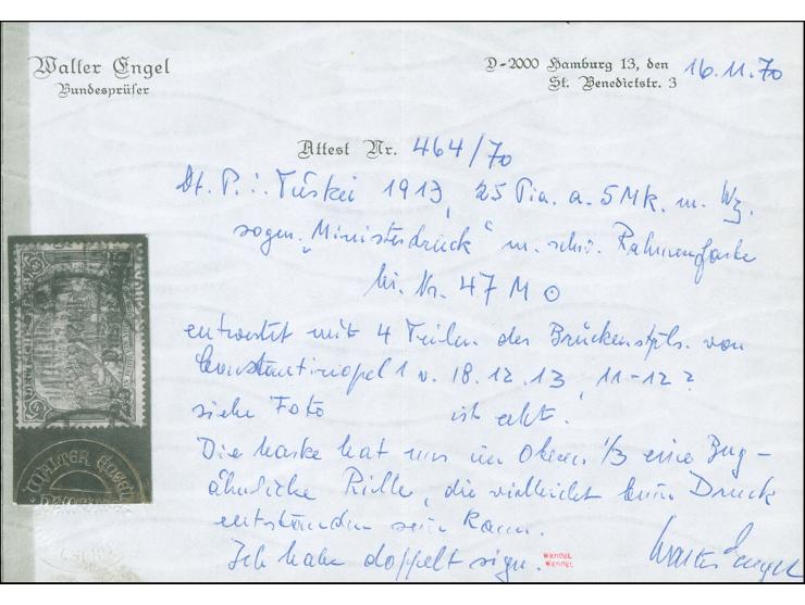 1905/13, 25 Pia., sog. Ministerdruck mit Stempel "CONSTANTINOPEL 18.12.13", kleine Zähnungsmängel behoben und waagerechte sch