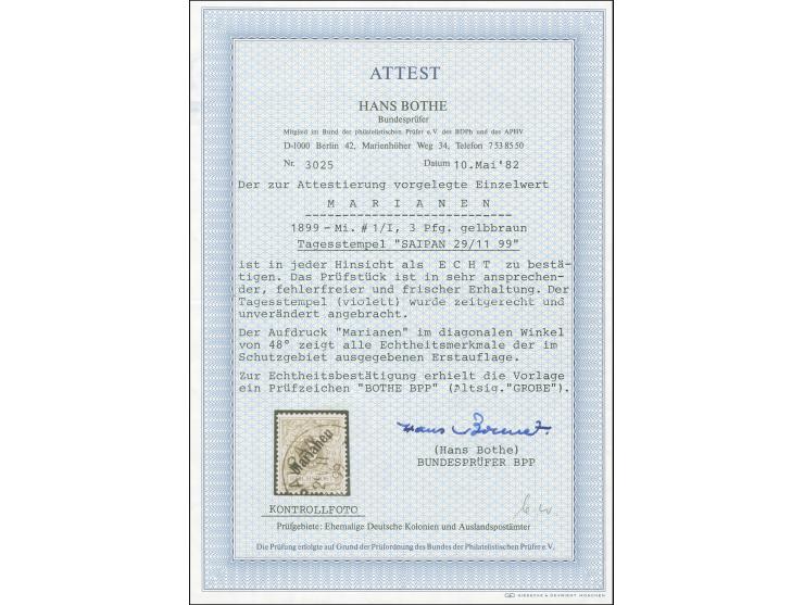 3 Pfg. mit sauberem violetten Stempel "SAIPAN 29/11 99". Unten unauffällige kleine Nachzähnung, sonst einwandfrei. Signiert G