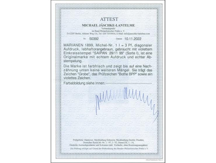 3 Pfg. mit sauberem violetten Stempel "SAIPAN 29/11 99". Unten unauffällige kleine Nachzähnung, sonst einwandfrei. Signiert G