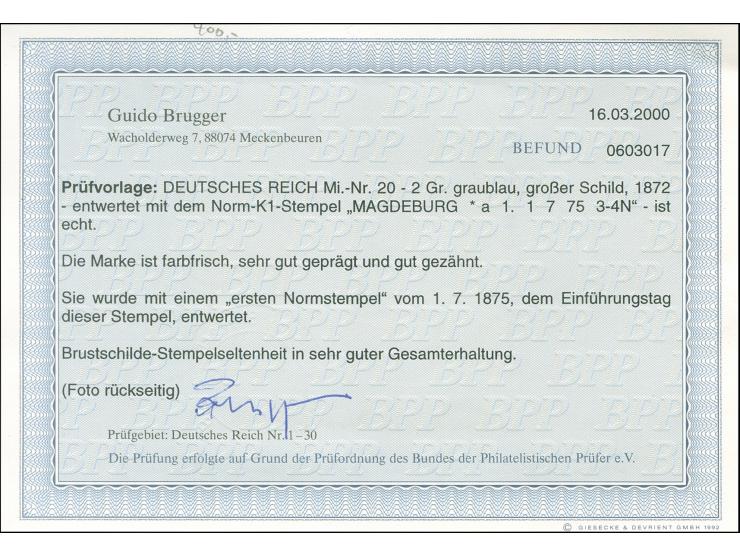 “MAGDEBURG 1*a 1.7.75” klarer Teilabschlag auf großer Schild 2 Gr. grauultramarin. Die farbfrische Marke ist gut geprägt, übl