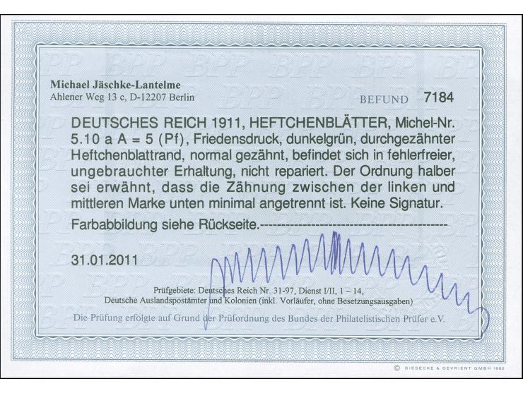 1911/12, Heftchenblatt-Reklame 10 + 5 Pfg. dunkelgrün, durchgezähnter Bogenrand, übliche Heftchenzähnung, ungebraucht, zwisch