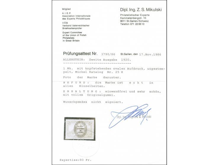 1920, Aufdruckausgabe im Hochoval 1 M. kopfstehender Aufdruck, postfrisch, tadellos, eine seltene Marke dieses Abstimmungsgeb