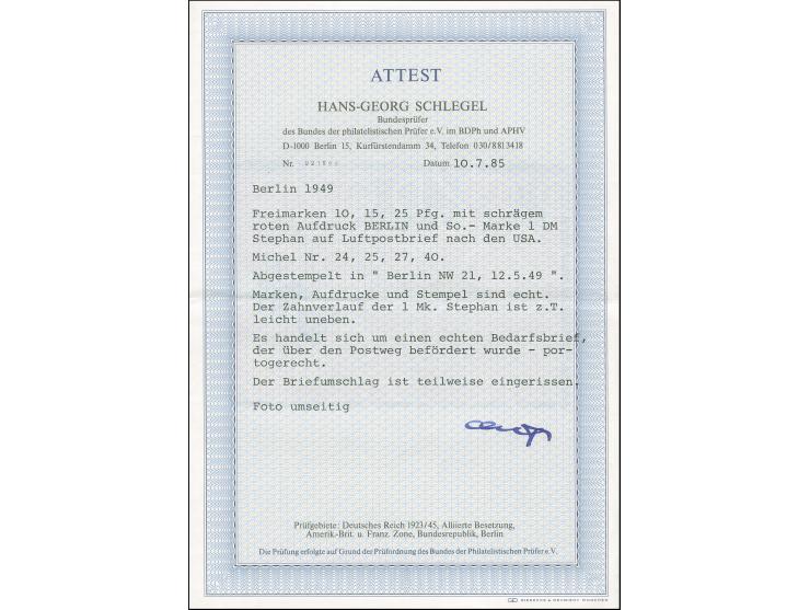 1949, Rotaufdruck 10 Pfg., 15 Pfg. und 25 Pfg. in Mischfrankatur mit Stephan 1 M. je mit Stempel “BERLIN NW21 12.5.49” als po